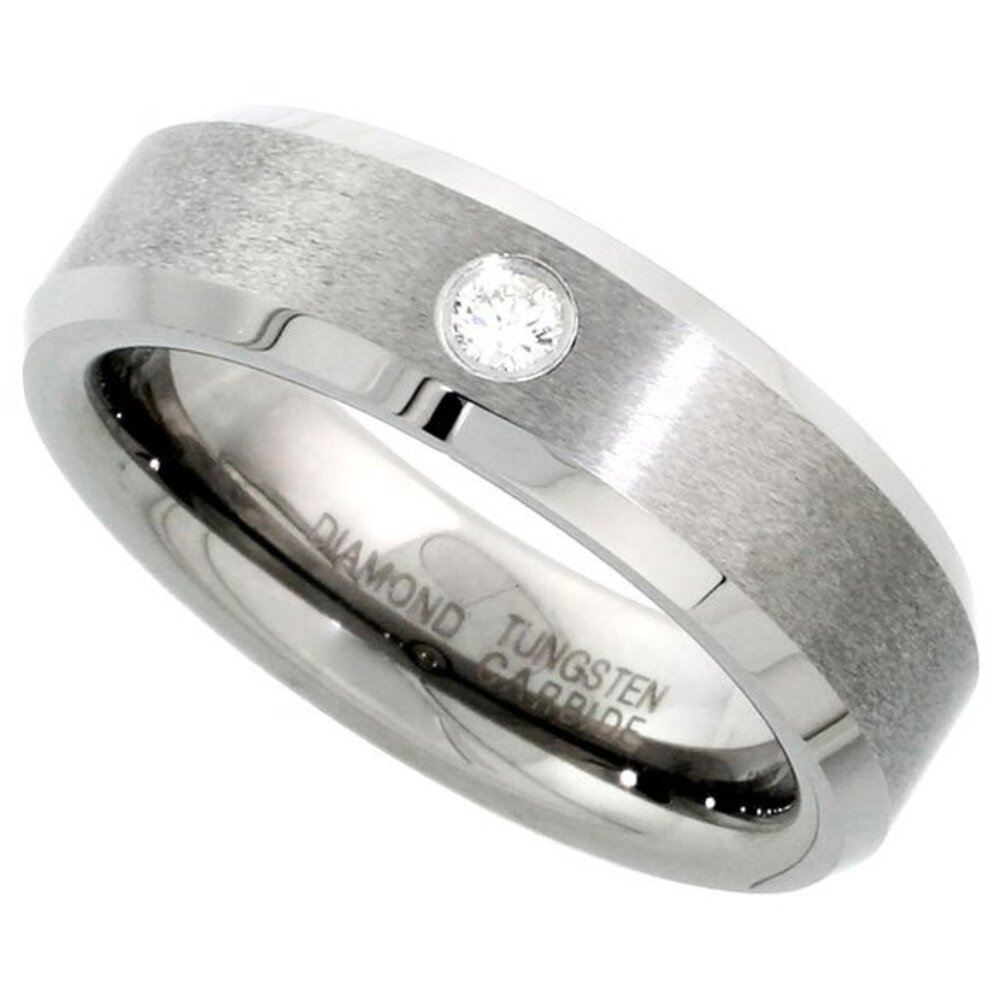 6mm Tungsten Diamond Wedding Ring 0.06 cttw Diamond Beveled Edges